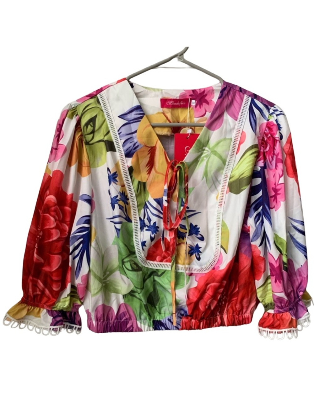 MUNDEFEIS Women’s Silky Floral Ruffle 1/2 Sleeve Blouse Size: XL